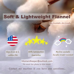 May include: Image of soft and lightweight flannel. The image includes the text "Soft & Lightweight Flannel" and "Cozy, breathable, skin-friendly". There is also a US flag, yellow stars, and a rainbow.