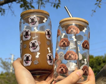 Custom Pet Photo Glass Cup-Personalized Iced Coffee Cup with Straw-Cat Portrait Glass Tumbler-Birthday Gift for Mom-Pet Memorial Keepsake