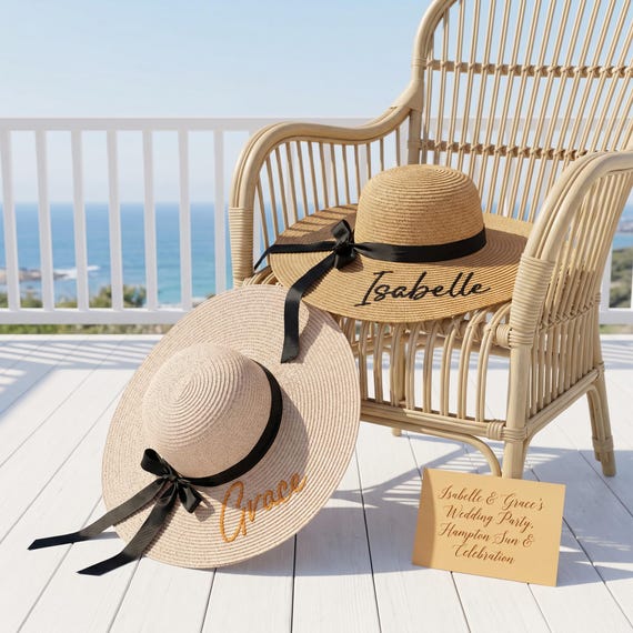 Custom Name Beach Hat, Personalized Bridesmaid Sun Hat, Wide  display picture 3
