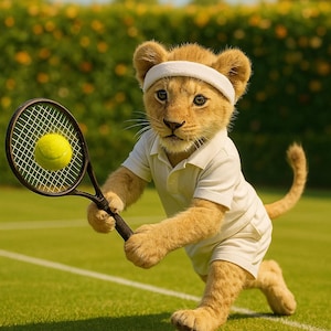 Baby Lion Playing Tennis Print, digital download, phone wallpaper, computer desktop wallpaper, printable art, greeting card, scrapbook