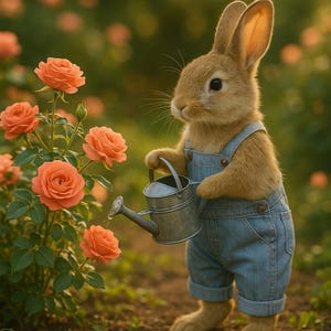 May include: A charming brown rabbit wearing denim overalls, holding a small metal watering can, tending to a rose bush with orange blooms. The scene is set in a garden with soft, natural lighting.