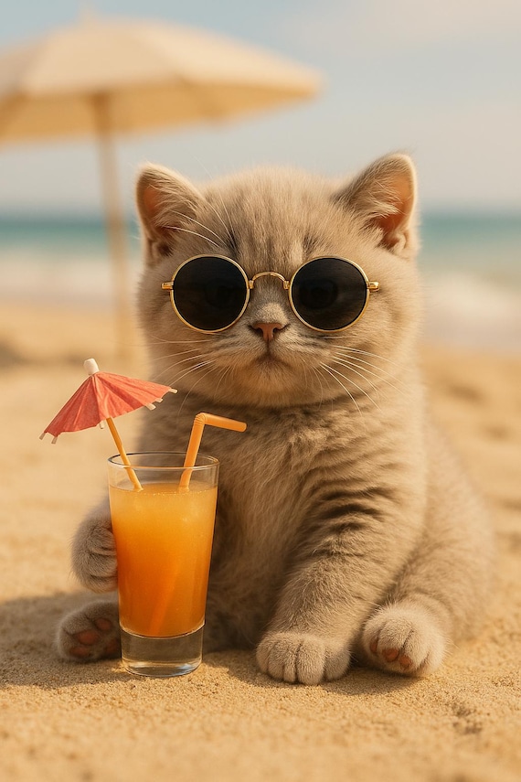 British Shorthair Cat Beach Print: Summer Vibes Art (digital