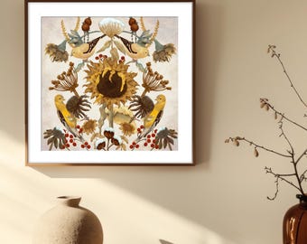 Lámina artística de jardín otoñal, pájaros jilgueros, pintura de la naturaleza