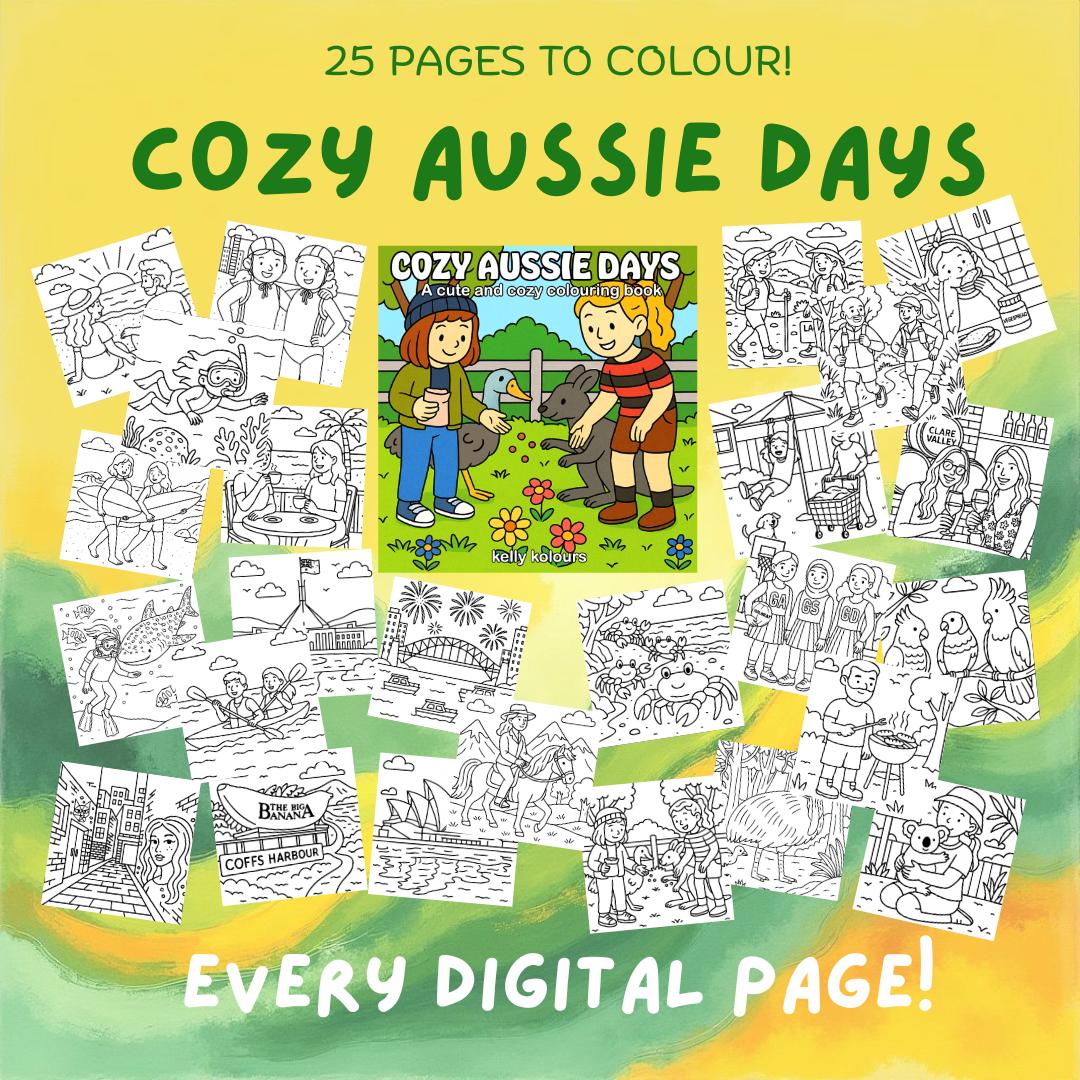 Cozy Aussie Days – 25 láminas de colorear digitales con temática australiana