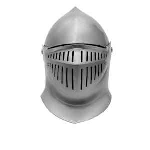 May include: A polished silver-colored metal knight helmet featuring a pointed crown, a rounded dome, and a hinged visor with vertical ventilation slits. The helmet has a smooth, curved neck guard and a symmetrical design with visible side rivets.
