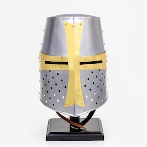 Medieval Era Brass Crusaders Templar Premium Steel Brass Helmet Props & Head Wear Larders Helmet handmade
