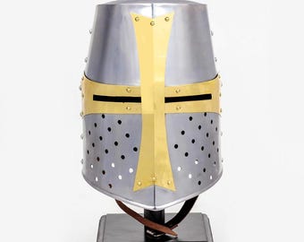 Handmade Brass & Steel Crusader Helmet: Medieval Knights Templar Replica