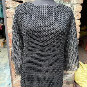 Handcrafted Aluminium Chainmail Shirt – Black Flat Riveted Armor with Brass Trim, LARP Costume