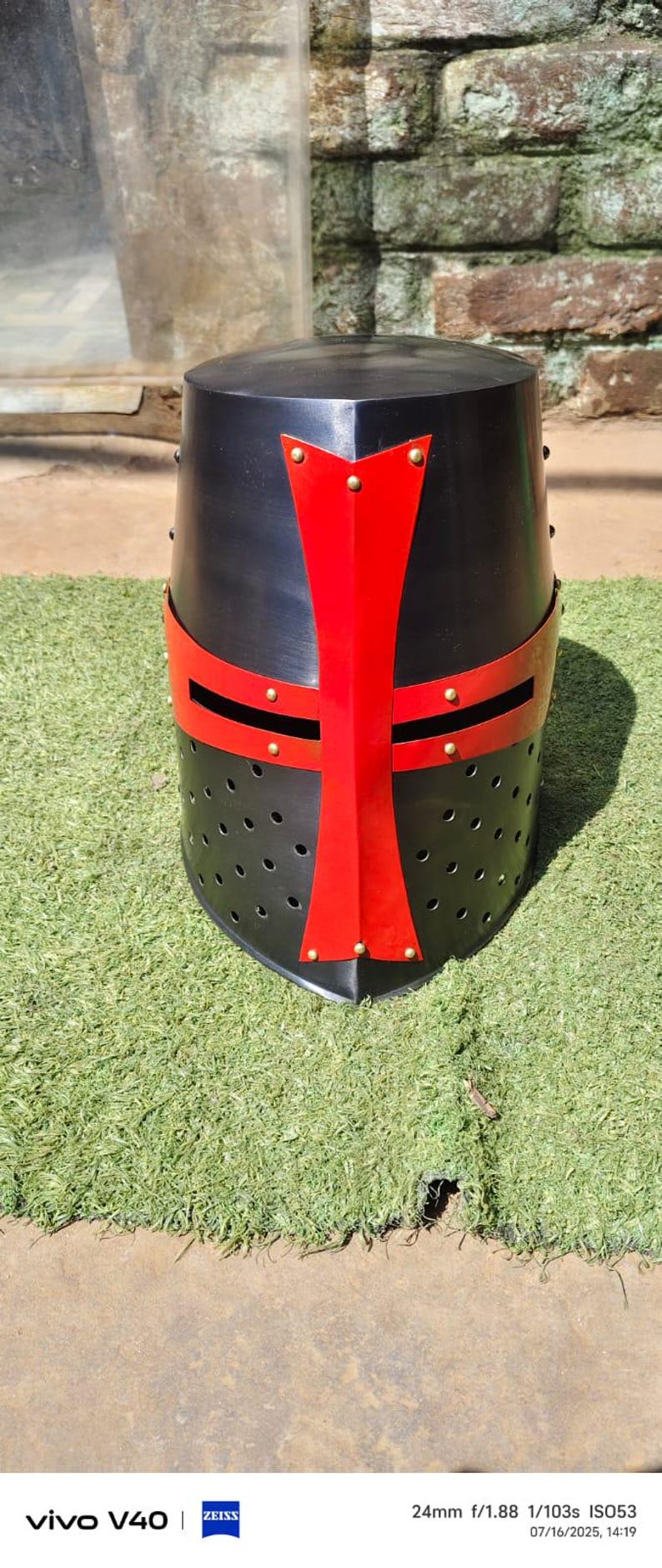 Handmade medieval Crusader great helm, full-head steel knight helmet with red cross for LARP and reenactment