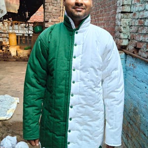 Handmade Medieval Padded Gambeson: Green & White Cotton Arming Doublet