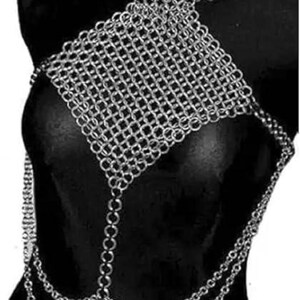 Front view of a silver chainmail V-neck halter top, lightweight and durable, designed for adult cosplay, LARP, and medieval costumes.