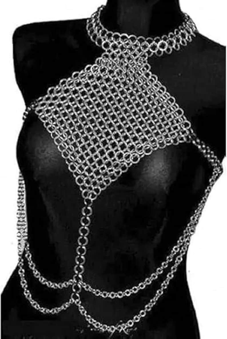 Front view of a silver chainmail V-neck halter top, lightweight and durable, designed for adult cosplay, LARP, and medieval costumes.