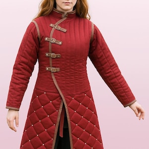 Medieval Gambeson Jacket – Red Quilted Padded Armor Coat with Buckle Closure, Long Sleeve Arming Wear for LARP, SCA & Reenactment handmade