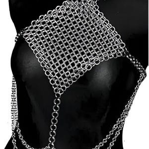Silver chainmail halter top with V-neck design, adult sizes, medieval warrior costume, handmade cosplay and LARP armor.