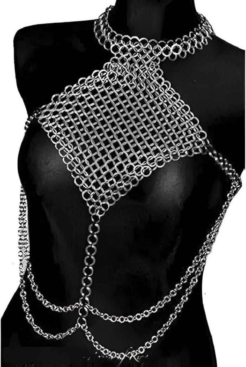 Silver chainmail halter top with V-neck design, adult sizes, medieval warrior costume, handmade cosplay and LARP armor.
