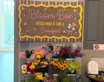 Niestandardowy baner Bloom Bar, ręcznie malowany szyld z kwiatowym napisem na barze, dekoracja na wieczór panieński, baner na przyjęcie Bukietowe, kwiatowe tło na baby shower
