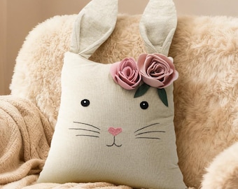 Easter Gift Bunny Pillow Cover with 3D Ears, Linen Rabbit Cushion, Kids Room Decor