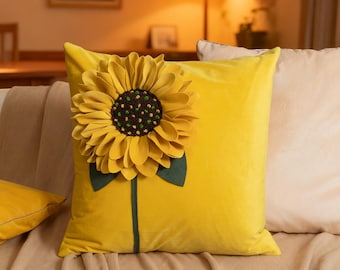 Spring Decor Pillow 3D Sunflower Pillow: Yellow Dutch Velvet Throw Cushion (18x18 inch)