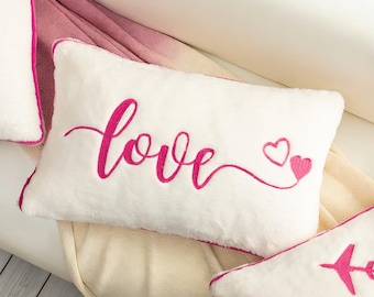 Valentine’s Day Love Throw Pillow 12x20 Pink Embroidered Cushion Romantic Heart Decor Gift for Couples Bedroom Sofa Accent Pillow