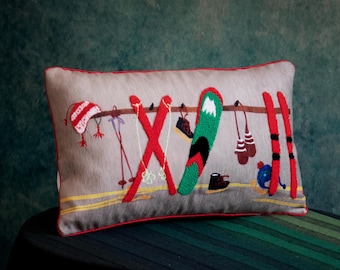 Funda de almohada con equipo de esquí de invierno, 30 x 50 cm, aplique para cojín de equipo de esquí, decoración para bastones de esquí y botas de esquí, cojín para sofá de cabaña de invierno.