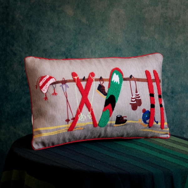 Winter Ski Gear Pillow Cover 12x20 Inch | Appliqué Ski Equipment Cushion | Snow Ski Poles Skis Boots DecorWinter Lodge Sofa Pillow