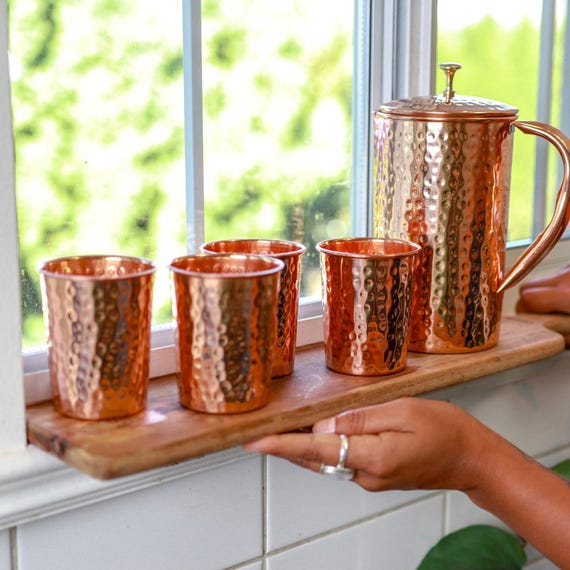 Pure Copper Jug with Glasses Hammered Copper Pitcher 1.5L and 2 Tumblers 250ml Each Ayurvedic Hydration Copper Gift Set for Drinking Water