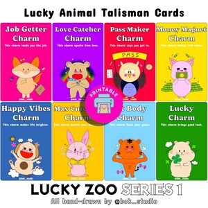 Lot de 8 cartes porte-bonheur animaux mignons, 2 fichiers PNG imprimables, cadeau spécial pour bonne fortune, carte porte-bonheur, carte talisman, cadeau spécial, dessiné à la main
