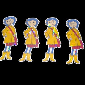 Coraline Holographic Sticker – Cute Cartoon Vinyl Decal with Raincoat & Boots