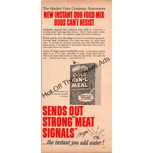 Vintage Quick Ken-L Meal Dog Food Ad – 1950s Quaker Oats Instant Mix – “Strong Meat Signals”