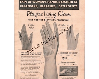 Vintage 1954 Playtex Living Gloves Advertisement — Fabric-Lined Latex — “The Only 100% Protection” — Retro Beauty & Household Ad FC5