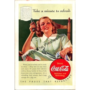 Original 1940 Coca-Cola Ad – “Take a Minute to Refresh” Woman with Coke Bottle – Vintage Soda Advertisement