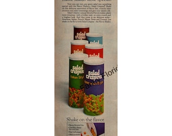 Vintage 1977 Salad Crispins Print Ad — “Flavor Shakers” — Retro Salad Toppings Food Advertising