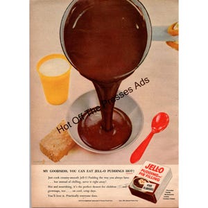 1954年ジェロ・プディングのヴィンテージ印刷広告 - ホットチョコレートプディング、レトロなキッチンアート、ミッドセンチュリーデザート FC5