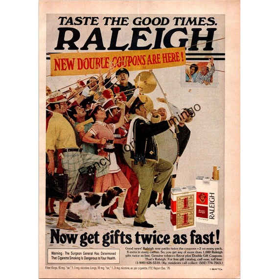 free pack of cigarettes coupon One drink Vintage 1976 Raleigh Cigarettes Print