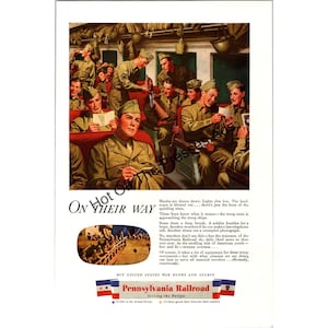 WO II-advertentie Pennsylvania Railroad – &#39;Onderweg&#39;-troeptreinscène