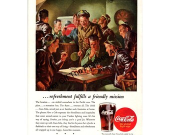 1940年代.ヴィンテージ コカ・コーラ広告 印刷物.当時フレーム 1942年 第二次世界大戦 コカコーラ ヴィンテージ広告 コーラボトル