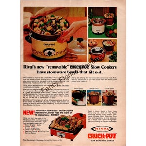 1977 Vintage Rival Crock-Pot Tryckannons — "Avtagbara stengodsskålar" — Retro köksapparatdekor