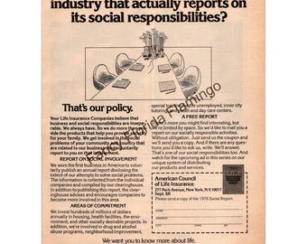 Vintage 1976 Life Insurance Companies Print Ad — “Reports on Social Responsibilities” — Retro Financial Advertising