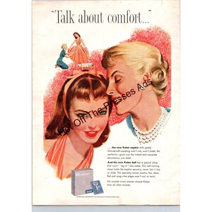 1950-talets Kotex "Talk About Comfort" vintageannons – Illustration av binda och bälte