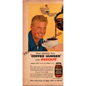 1956 Nescafé Coffee Hunger Vintage Print Ad – Instant Coffee Retro Kitchen Art