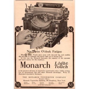 Antik Monarch-skrivmaskinsannons från 1910-talet — "Ingen tre-timmars-trötthet" Lätttryckt kontorsreklamtryck