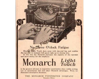 Antique 1910s Monarch Typewriter Ad — "No Three O’Clock Fatigue" Light Touch Office Advertising Print