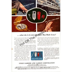 May include: Vintage advertisement featuring synthetic sapphire and ruby gemstones. The ad includes images of a pocket watch, a lady's hand with a ring, and a ship. Text highlights the gems' uses in textiles, watches, and tools.