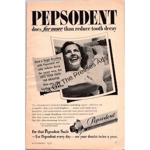 1950 Pepsodent Toothpaste Ad – “Gets Your Teeth Far Brighter” – Classic Mid-Century Dental Care