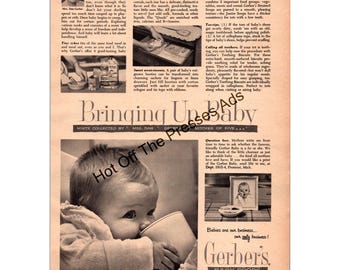 1954 Gerber Baby Foods Vintage Print Ad — Iconic Gerber Baby, Strained Foods & Cereals, Retro Motherhood Art  FC5