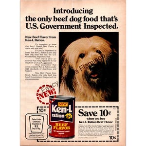 Vintage Ken-L Ration-advertentie voor hondenvoer uit 1978: 'Alleen hondenvoer rundvlees dat door de Amerikaanse overheid is geïnspecteerd': retro huisdier