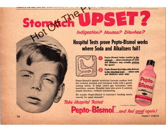 1950s Pepto-Bismol Vintage Print Ad — Stomach Upset Relief, Retro Pharmacy, Family Circle Magazine FC5