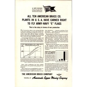May include: A vintage advertisement for The American Brass Company, featuring text and graphs detailing wartime production records. The ad highlights the company's achievements and its role in supporting the war effort.