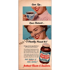 Vintage 1950s Instant Chase & Sanborn Coffee Print Ad — “One Sip… One Answer” — Retro Kitchen Wall Art  FC5