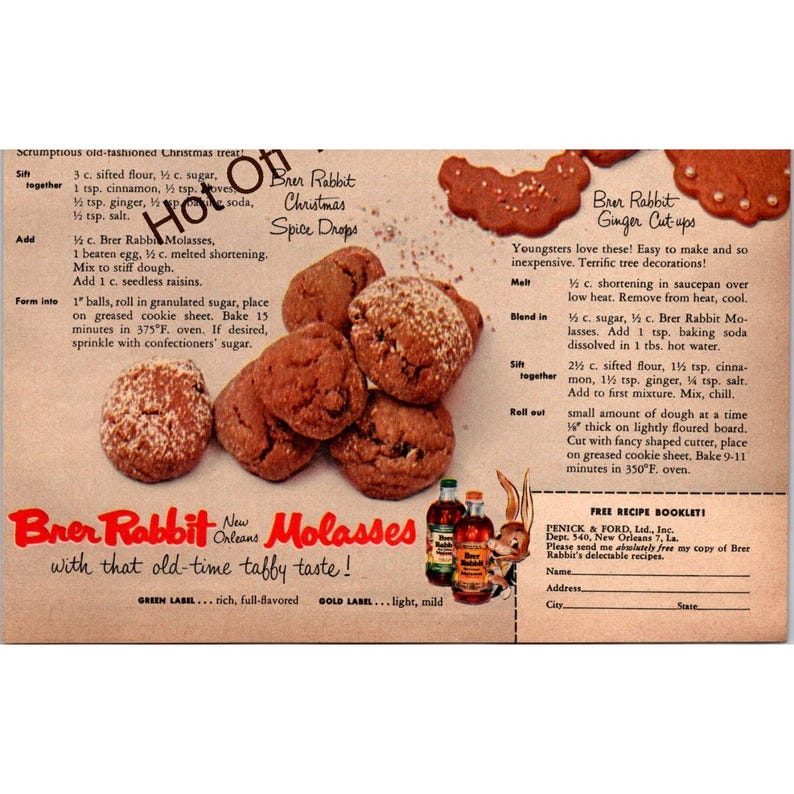 1950s Brer Rabbit Molasses Christmas Cookies Vintage Print Ad — Recipes ...